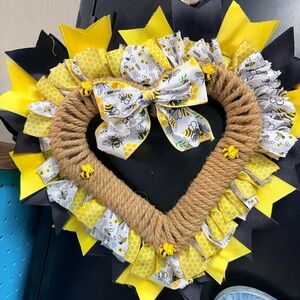 Yellow and Black Bee-Themed Heart Wreath